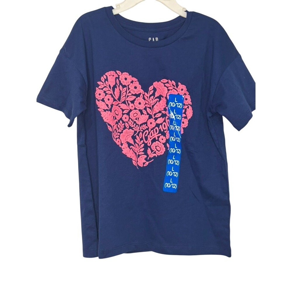 GAP Kids Girls Top Size L (10/12) Navy Blue Floral Heart Graphic Tee NWT
